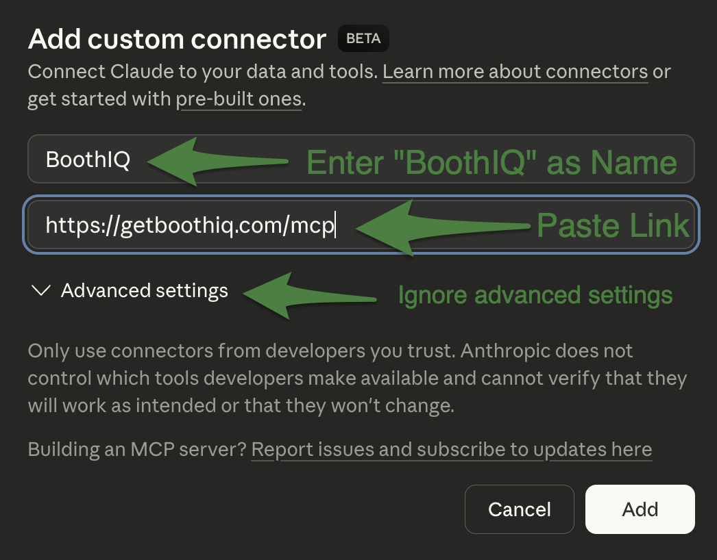 Add custom connector dialog with BoothIQ entered as the name and https://getboothiq.com/mcp as the URL. Cancel and Add buttons at the bottom.
