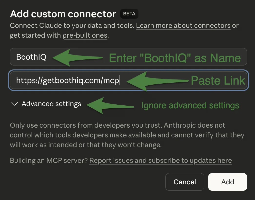 Add custom connector dialog with BoothIQ entered as the name and https://getboothiq.com/mcp as the URL. Cancel and Add buttons at the bottom.