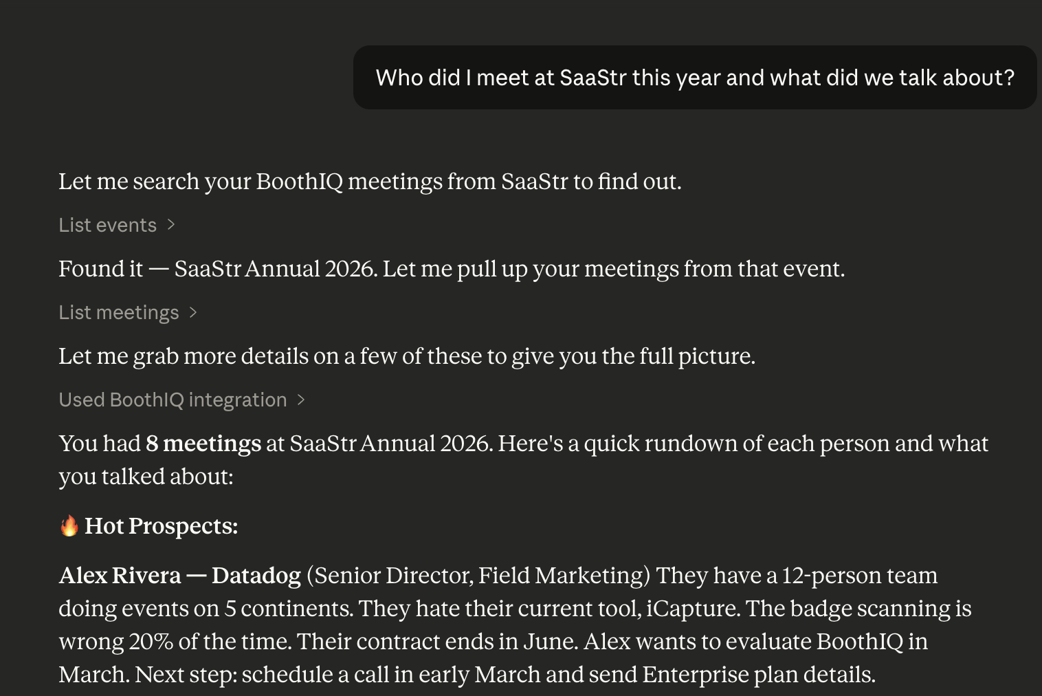 Claude responding to the question "Who did I meet at SaaStr this year and what did we talk about?" with a summary of 8 meetings organized by hot prospects, partnerships, and technical conversations