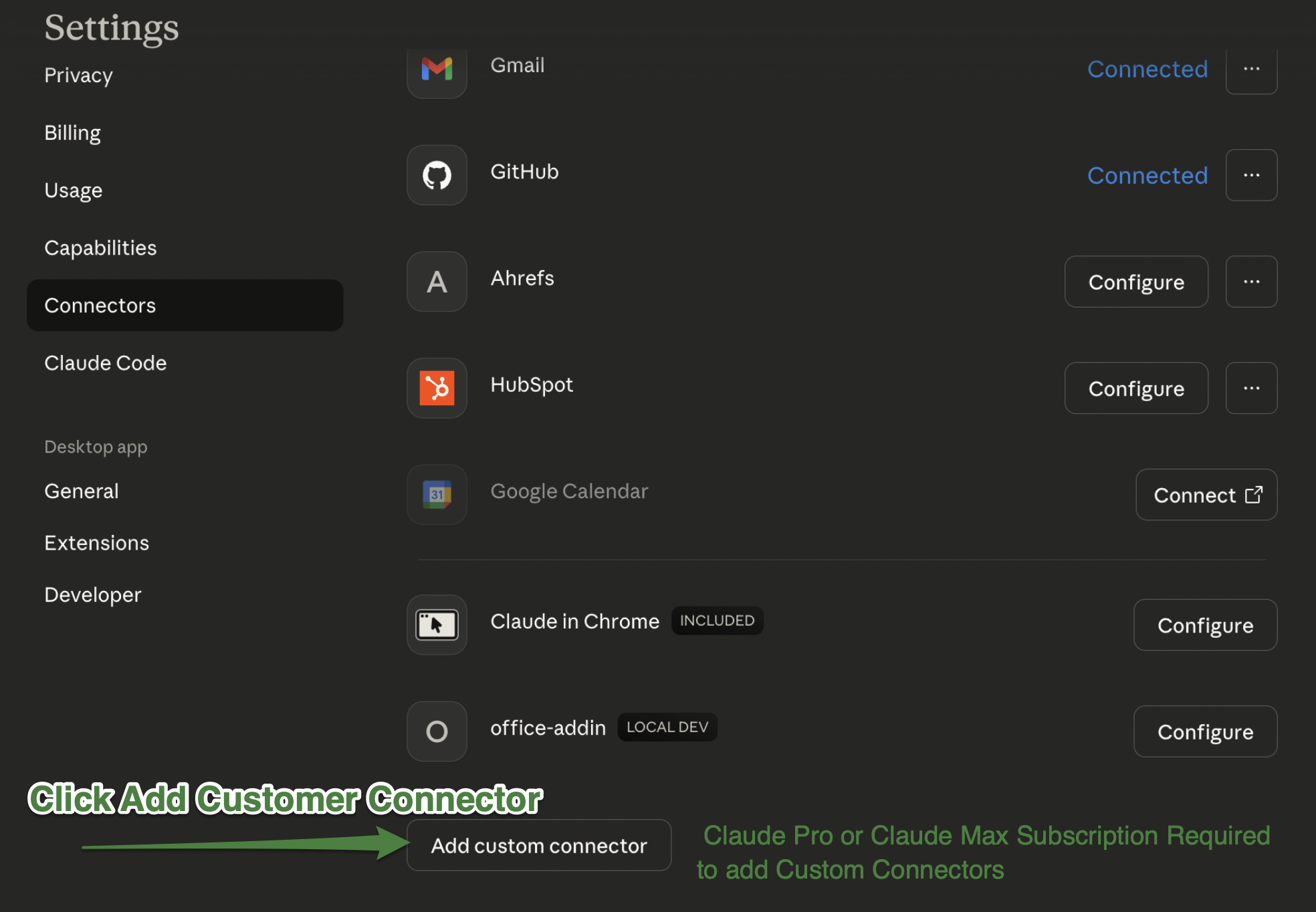 Connectors list showing Gmail, GitHub, Ahrefs, HubSpot, and others. Green arrow pointing to the Add custom connector button at the bottom.