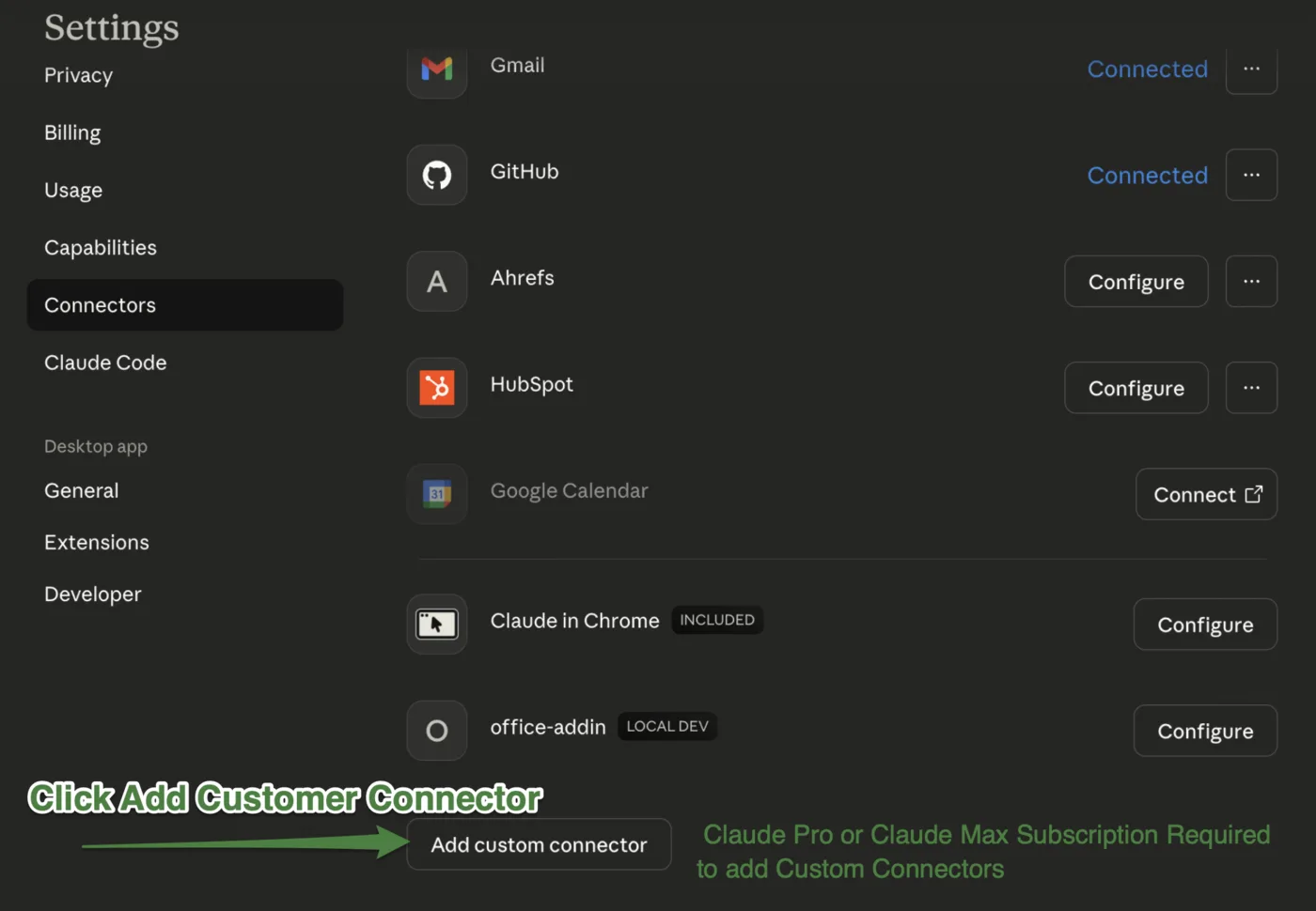 Connectors list showing Gmail, GitHub, Ahrefs, HubSpot, and others. Green arrow pointing to the Add custom connector button at the bottom.