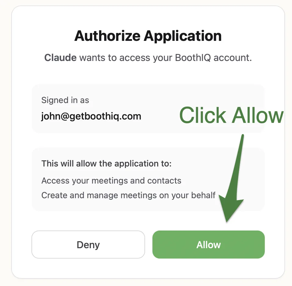 BoothIQ authorization page showing Claude wants to access your BoothIQ account, with Deny and Allow buttons