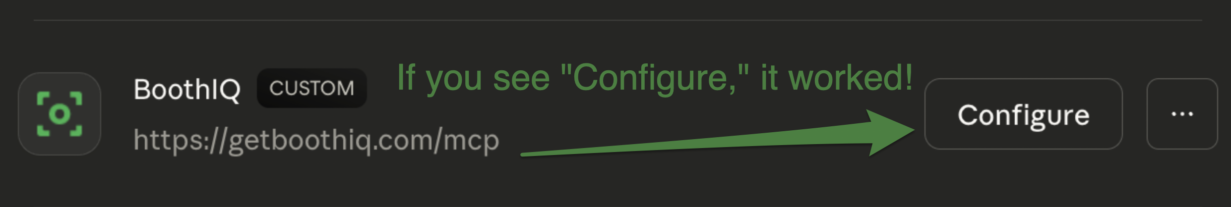 BoothIQ connector row now showing a Configure button instead of Connect, confirming the connection succeeded