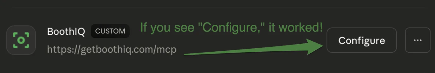 BoothIQ connector row now showing a Configure button instead of Connect, confirming the connection succeeded