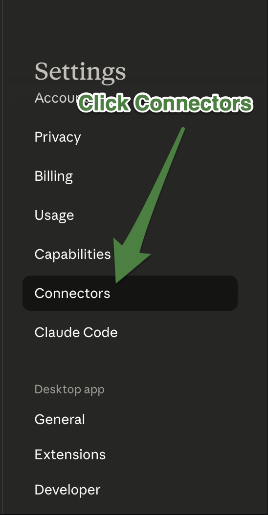 Settings sidebar with Account, Privacy, Billing, Usage, Capabilities, Connectors, and Claude Code tabs. Green arrow pointing to Connectors.