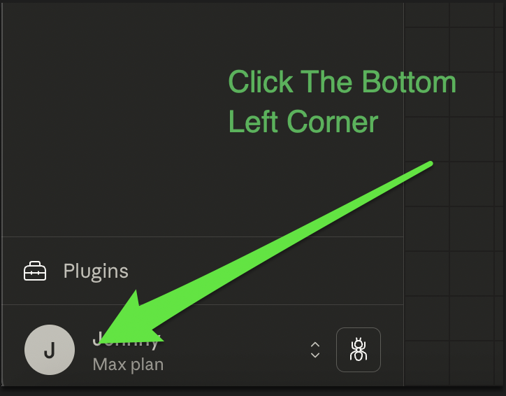 Claude Desktop sidebar showing the profile icon in the bottom left corner with a green arrow pointing to it
