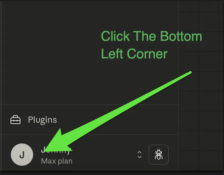 Claude Desktop sidebar showing the profile icon in the bottom left corner with a green arrow pointing to it