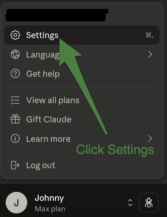 Menu showing Settings, Language, Get help, and other options with a green arrow pointing to Settings