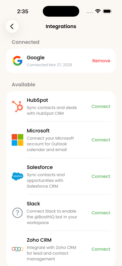 Connecting HubSpot from the BoothIQ settings page with one click