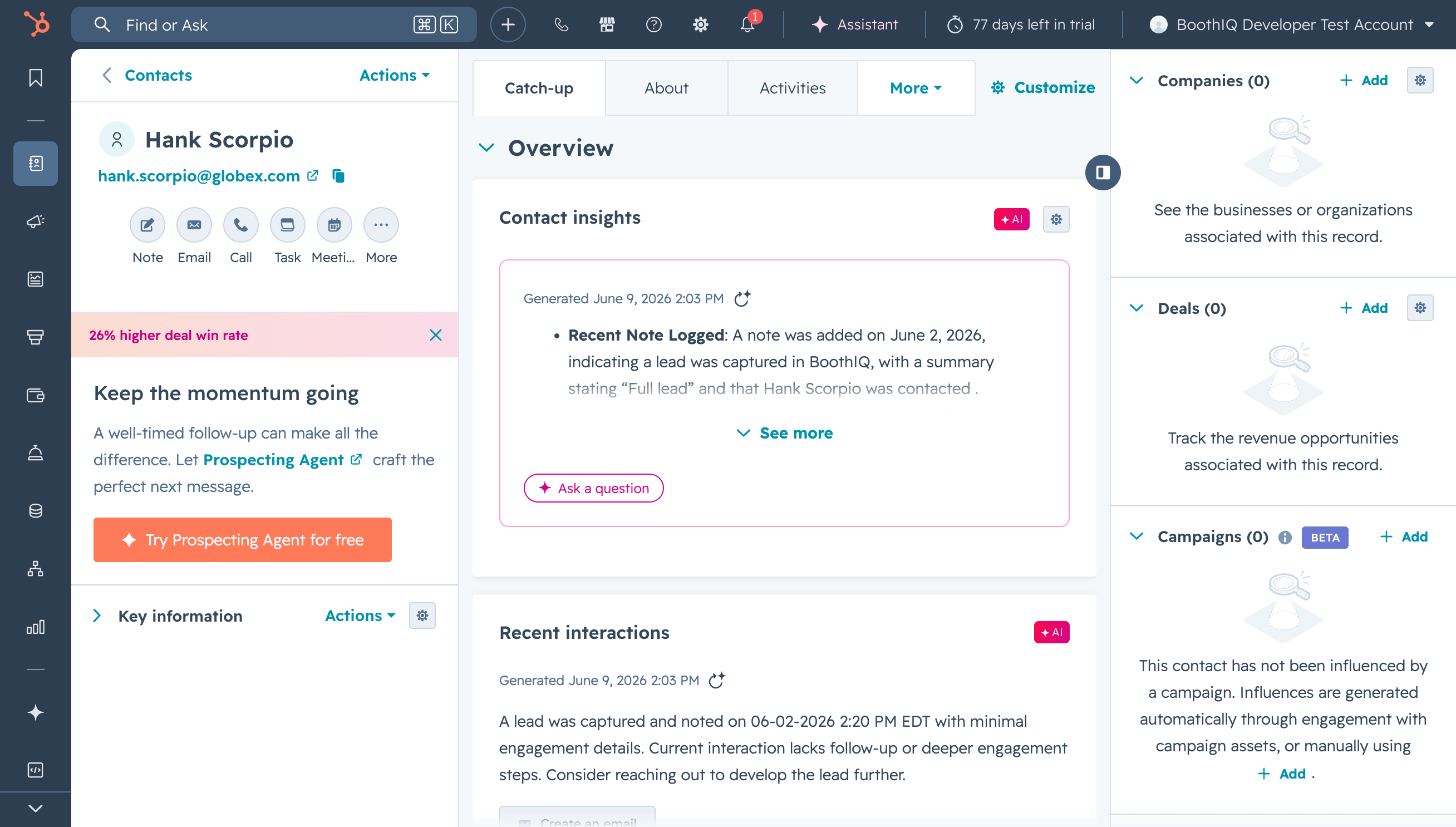 A HubSpot contact record with a note created by BoothIQ