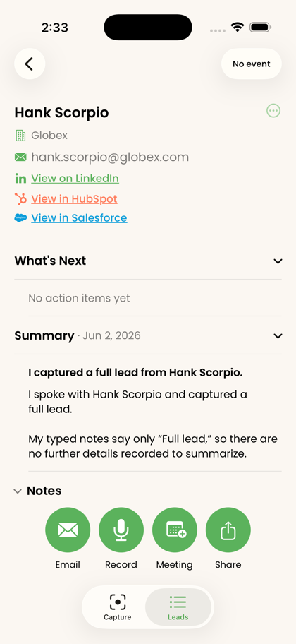 A synced BoothIQ lead with a View in HubSpot link, AI summary, and notes