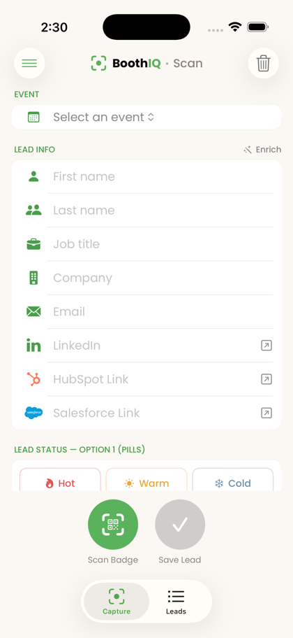 Capturing a new lead in BoothIQ by scanning a badge