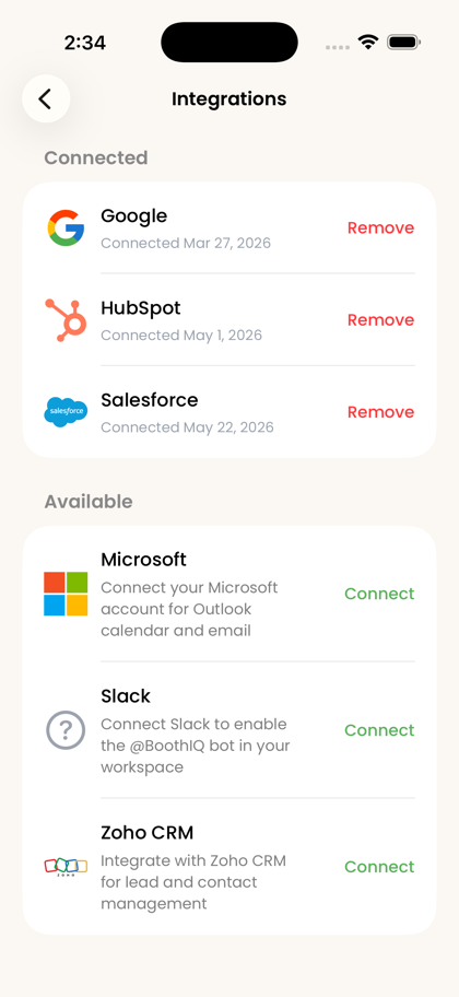 BoothIQ settings showing HubSpot connected alongside Google and Salesforce