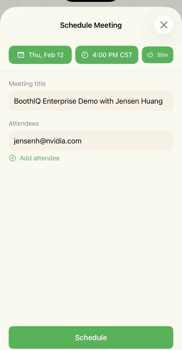 Pre-filled meeting scheduler with date, time, and attendee details ready to go